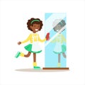 Girl Polishing The Mirror Smiling Cartoon Kid Character Helping With Housekeeping And Doing House Cleanup