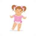 Girl With Ponytails Making First Steps, Adorable Smiling Baby Cartoon Character Every Day Situation