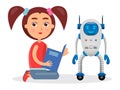 Girl with Ponytails Reads Book Beside Small Robot
