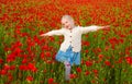 Girl in poppies, happiness and freedom, beautiful spring nature. Happy kid resting on a beautiful poppy field. Child Royalty Free Stock Photo