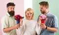 Girl popular receive lot men attention. Men competitors with bouquets flowers try conquer girl. Girl smiling reject Royalty Free Stock Photo