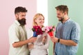 Girl popular receive lot men attention. Men competitors with bouquets flowers try conquer girl. Girl happy likes to be Royalty Free Stock Photo