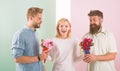 Girl popular receive lot men attention. Woman smiling can not choose partner, grabs both bouquets. Girl happy likes Royalty Free Stock Photo