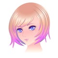 Girl portrait in anime style. Vector drawing in manga style. Cute young girl with short gradient pink color hair, blue Royalty Free Stock Photo