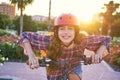 Girl portrait on bicycle with helmet smiling Royalty Free Stock Photo