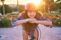 Girl portrait on bicycle with helmet smiling Royalty Free Stock Photo