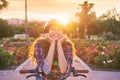 Girl portrait on bicycle with helmet smiling Royalty Free Stock Photo