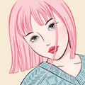 Girl portrait cartoon bob hairstyle pink hair