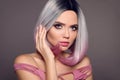 Girl Portrait of Ombre bob short hairstyle. Beautiful hair coloring woman. Trendy puprle haircut. Blond model with short shiny Royalty Free Stock Photo