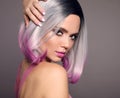 Girl Portrait of Ombre bob short hairstyle. Beautiful hair coloring woman. Trendy puprle haircut. Blond model with short shiny Royalty Free Stock Photo