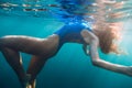 Girl portrait posing underwater with blue bikini. Woman in ocean Royalty Free Stock Photo