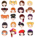 Girl portrait vector female girlie character face of woman with hairstyle and cartoon person girlfriend illustration set