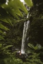 A girl poses in a bikini in a waterfall in a forest Royalty Free Stock Photo