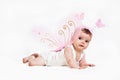 A portrait of a little girl, Baby girl wearing butterfly wings and a butterfly headband. Royalty Free Stock Photo