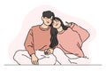 Girl posing peace sign while leaning on her boyfriend`s shoulder. Cute portrait of young couple spending time together. Hand-draw