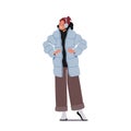 Girl Posing in Trendy Winter Apparel. Young Woman Wear Modern Jacket and Earflaps, Wintertime Fashion Concept