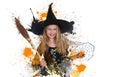 Girl posing in witch dress with broom and spider, Halloween little witch