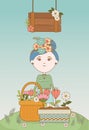 Girl potted flowers basket and board cartoon