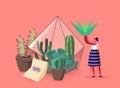 Girl and Potted Green Plants, Gardening, Flowers Planting Hobby Concept. Woman Growing Succulent Plants in Terrarium