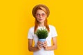 Girl potted plants on yellow studio. Woman planting flowers in pot.