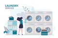 Girl pours powder or fabric softener into washer. Woman washing clothes in public laundry. Baskets of dirty and clean things