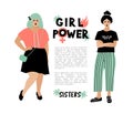 Girl Power card, Feminist poster. Stylish young women, place for text. Hipster characters, Vector flat design Royalty Free Stock Photo