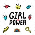 Girl power card. Girl Power hand drawing inscription and colorful icons. Vector illustration