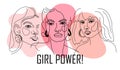 Girl power, empowered women, international feminism ideas poster concept. Linear trend illustration of women s faces in Royalty Free Stock Photo