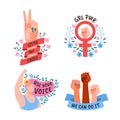 Girl power. Female movement feminist symbols. Woman society and solidarity stickers and labels, activist motivation