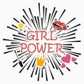 Girl power. Feminism slogan with star, lips, heart, mascara, crown. Vector poster at comic explosion background. Print for t-shirt Royalty Free Stock Photo