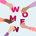 Girl power horizontal poster. Female hands hold world woman. Woman empowerment, girl power, fight for gender equality, feminism,