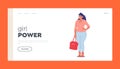 Girl Power Landing Page Template. Curvy Female Character Accepts Herself, Bodypositive Concept. Beautiful Chubby Woman