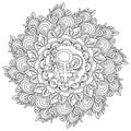 Girl power mandala, round coloring page with ornate patterns and feminine sign in the center