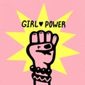 Girl power movement. Doodle style Girl portraits and feminist slogan grl pwr on white background. Feminist movement