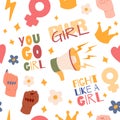 Girl power pattern, girly stickers. Female quote print, fashion flower lettering, feminist woman quote. Decor textile