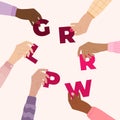 Girl power poster. Female hands hold world grl pwr. Woman empowerment, girl power, fight for gender equality, feminism, sisterhood Royalty Free Stock Photo