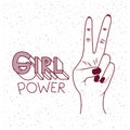 Girl power poster text and hand making victory sign in silhouette dark red