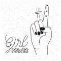 Girl power poster text and hand signal with finger number one in black silhouette over white background with sparkles
