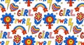 Girl power seamless pattern with fashion patch badges. Feminism. Female power and solidarity background. Retro 70s style Royalty Free Stock Photo
