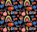 Girl power seamless pattern with fashion patch badges. Feminism. Female power and solidarity background. Retro 70s style Royalty Free Stock Photo