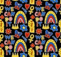 Girl power seamless pattern with fashion patch badges. Feminism. Female power and solidarity background. Retro 70s style Royalty Free Stock Photo