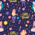 Girl power. Seamless pattern with plus size women. The ballerina is dancing.