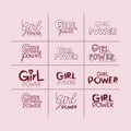 Girl power stickers set and text in dark red with pink background Royalty Free Stock Photo