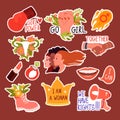 Girl power stickers set with feminists support messages, tattoo female symbols, flowers