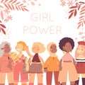 Girl power vector frame template with girls and flowers and leaves