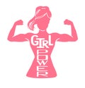 Girl power. Vector lettering illustration with pink female silhouette doing bicep curl and hand written inspirational message.