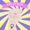 Girl Power. Woman`s Fist Raised Up. Female Symbol. Feminism concept. Vector Illustration.