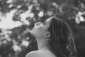 Girl Powered. Issues face girls. Woman with curly hairstyle and bare shoulder on summer day. Woman with long brunette