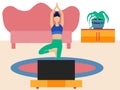 The girl practices yoga at home in front of the TV. Stay home. Favorite leisure hobby. Flat design