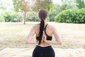 Girl practices yoga and meditates , nature background with copy space Royalty Free Stock Photo